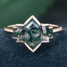 Rose Gold Long Hexagon Cut Moss Agate Unique Promise Engagement Ring