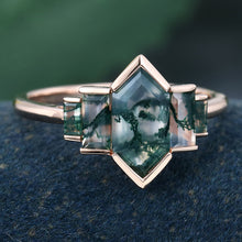 Rose Gold Long Hexagon Cut Moss Agate Unique Promise Engagement Ring
