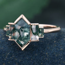 Rose Gold Long Hexagon Cut Moss Agate Unique Promise Engagement Ring