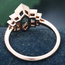 Rose Gold Long Hexagon Cut Moss Agate Unique Promise Engagement Ring