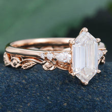 Rose Gold Long Hexagon Moissanite Inspired Bridal Ring Set
