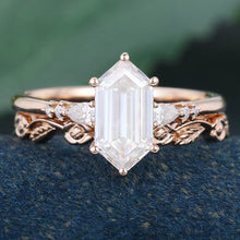 Rose Gold Long Hexagon Moissanite Inspired Bridal Ring Set