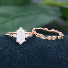 Rose Gold Long Hexagon Moissanite Inspired Bridal Ring Set
