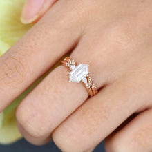 Rose Gold Long Hexagon Moissanite Inspired Bridal Ring Set