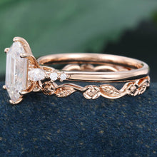 Rose Gold Long Hexagon Moissanite Inspired Bridal Ring Set