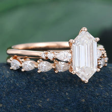 Rose Gold Long Hexagon Moissanite Stackable Bridal Ring Set