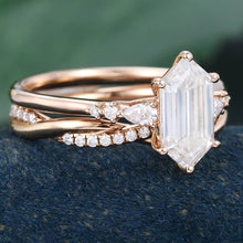 Rose Gold Long Hexagon Moissanite Stackable Engagement Ring Set