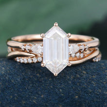 Rose Gold Long Hexagon Moissanite Stackable Engagement Ring Set