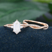 Rose Gold Long Hexagon Moissanite Stackable Engagement Ring Set