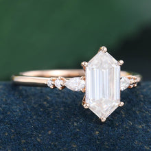 Rose Gold Long Hexagon Moissanite Cluster Engagement Ring