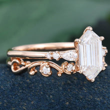 Rose Gold Long Hexagon Moissanite Vintage Bridal Ring Set