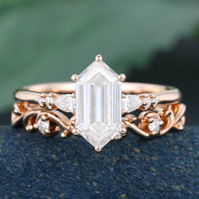 Rose Gold Long Hexagon Moissanite Vintage Bridal Ring Set