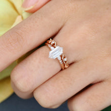 Rose Gold Long Hexagon Moissanite Vintage Bridal Ring Set