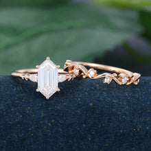 Rose Gold Long Hexagon Moissanite Vintage Bridal Ring Set