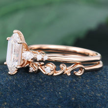 Rose Gold Long Hexagon Moissanite Vintage Bridal Ring Set