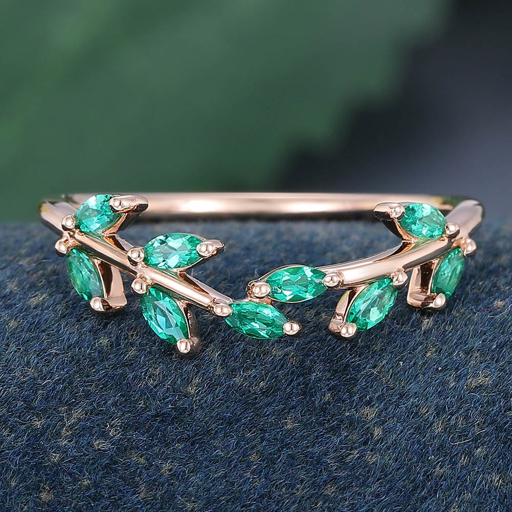 Rose Gold Marquise Cut Lab Emerald Leaf Shaped Curved Wedding Band