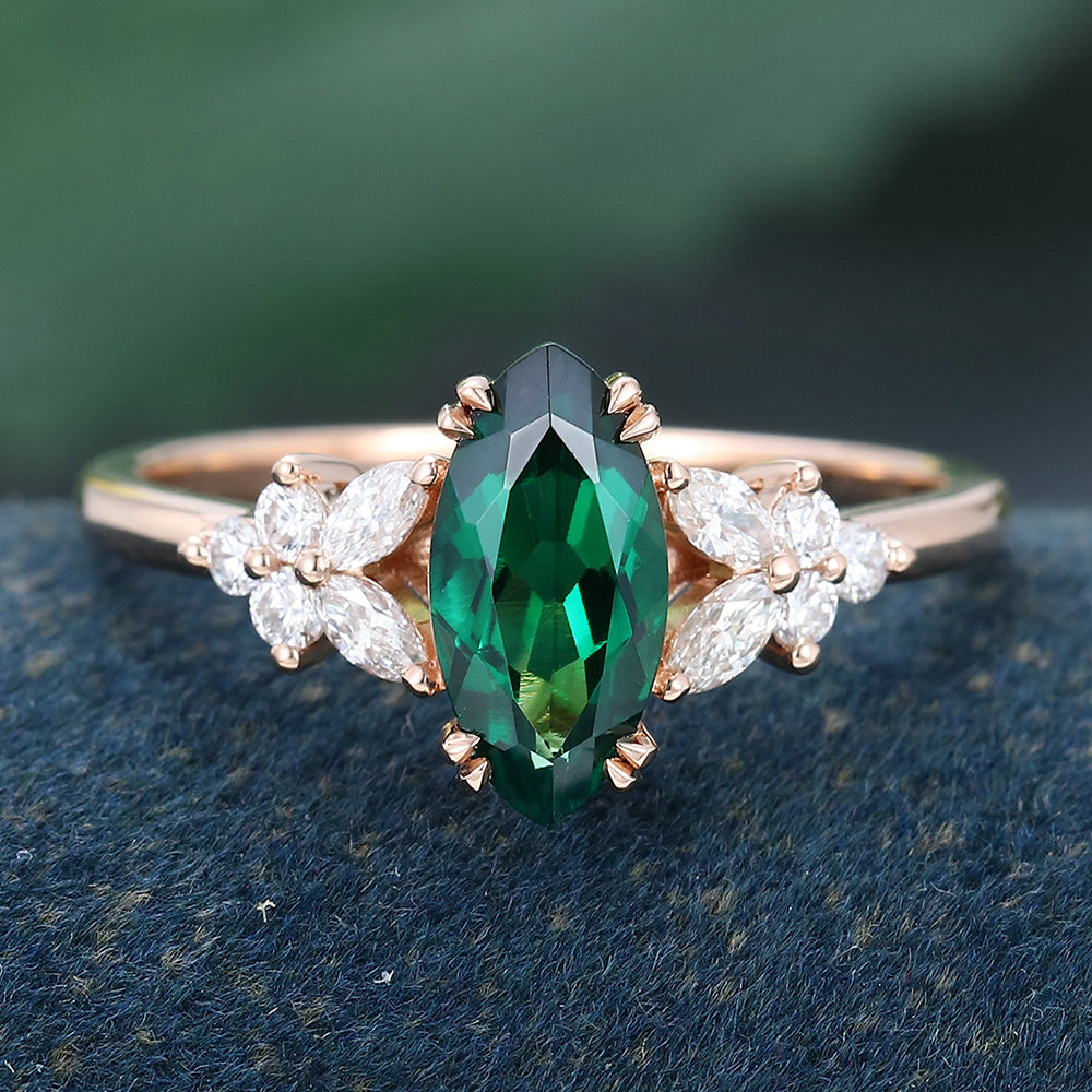 Rose Gold Marquise Cut Lab Emerald Cluster Promise Engagement Ring