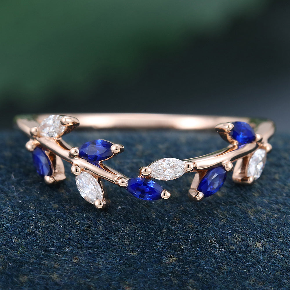 Rose Gold Marquise Cut Lab Sapphire & Moissanite Leaf Shape Curved Wedding Band