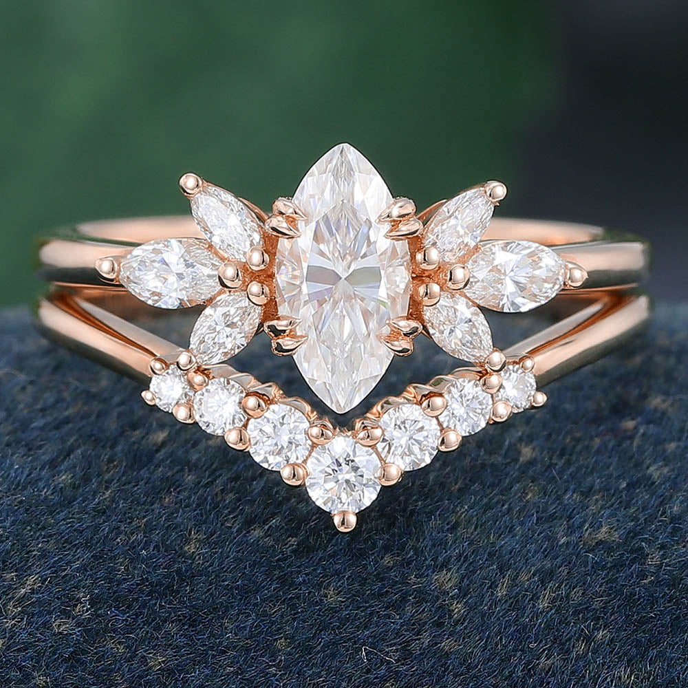 Rose Gold Marquise Cut Moissanite Bridal Ring Set