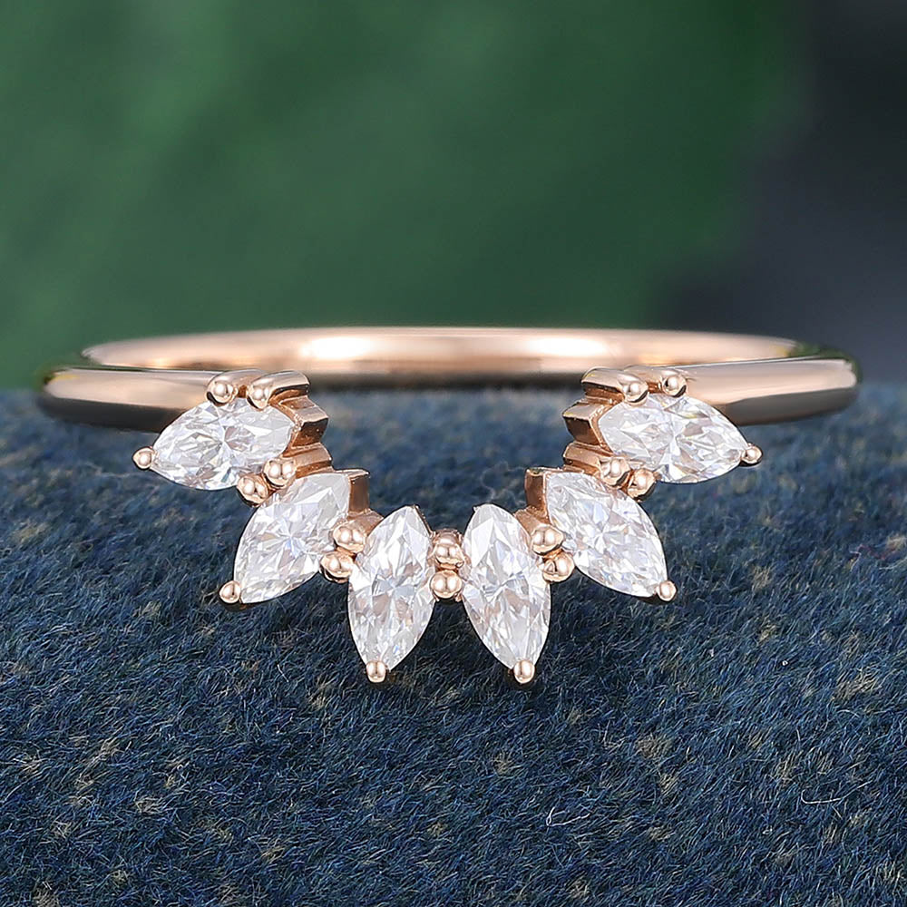 Rose Gold Marquise Cut Moissanite Curved Wedding Band