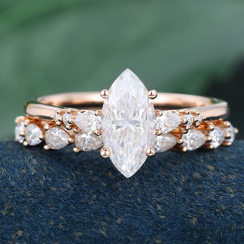 Rose Gold Marquise Cut Moissanite Delicate Bridal Ring Set