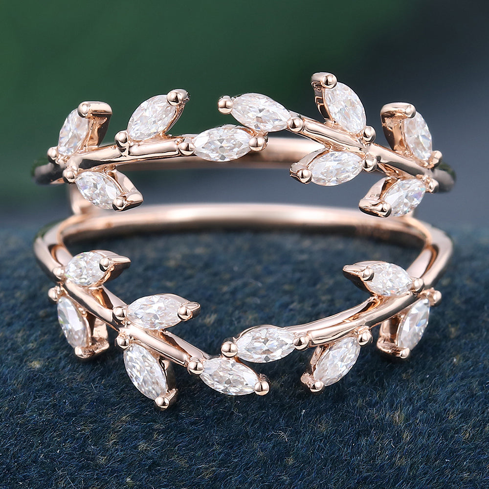 Rose Gold Marquise Cut Moissanite Delicate Leaf Shape Double Curved Wedding Band