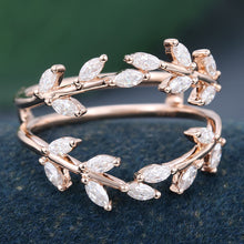 Rose Gold Marquise Cut Moissanite Delicate Leaf Shape Double Curved Wedding Band