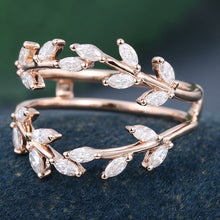 Rose Gold Marquise Cut Moissanite Delicate Leaf Shape Double Curved Wedding Band