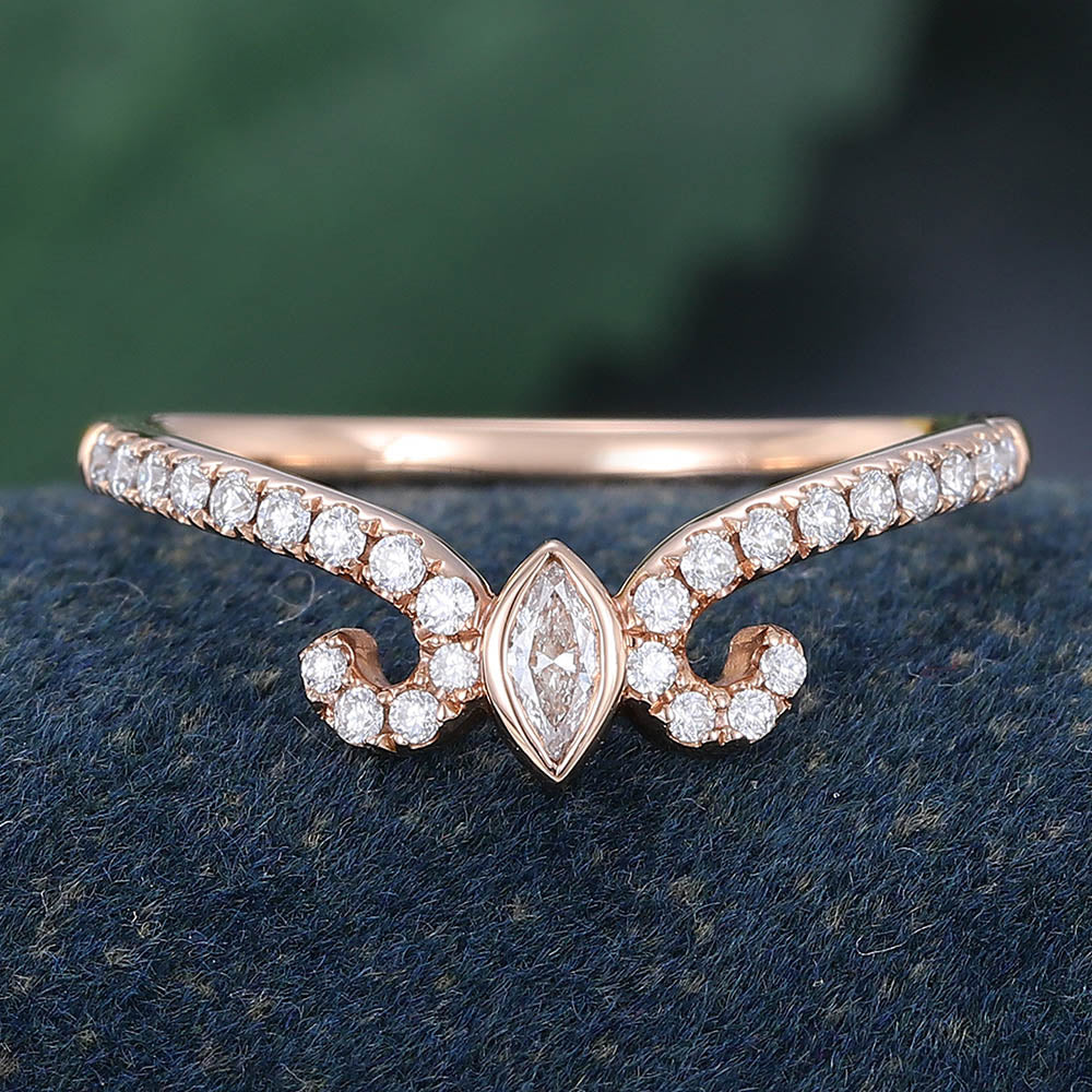 Rose Gold Marquise Cut Moissanite Anniversary Curved Wedding Band