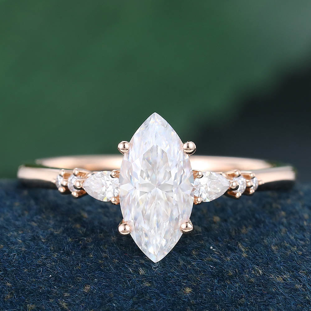 Rose Gold Marquise Cut Moissanite Cluster Engagement Ring