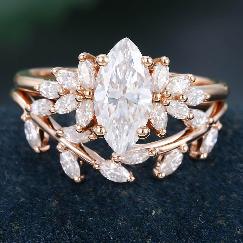 Rose Gold Marquise Cut Moissanite Leaf Shape Bridal Ring Set