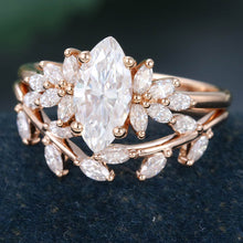 Rose Gold Marquise Cut Moissanite Leaf Shape Bridal Ring Set