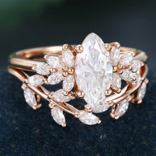 Rose Gold Marquise Cut Moissanite Leaf Shape Bridal Ring Set