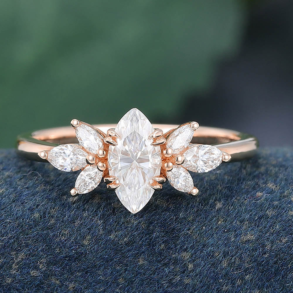 Rose Gold Marquise Cut Moissanite Cluster Promise Engagement Ring