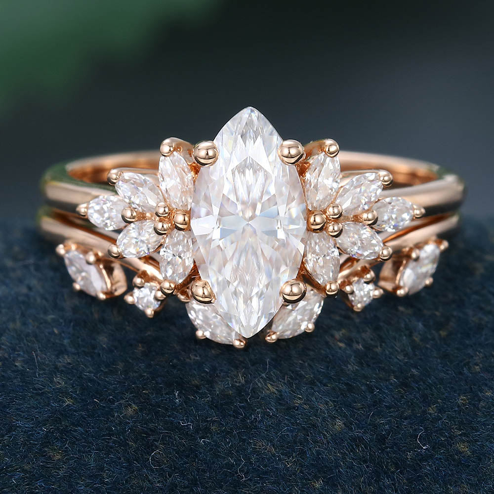 Rose Gold Marquise Cut Moissanite Unique Bridal Engagement Ring Set