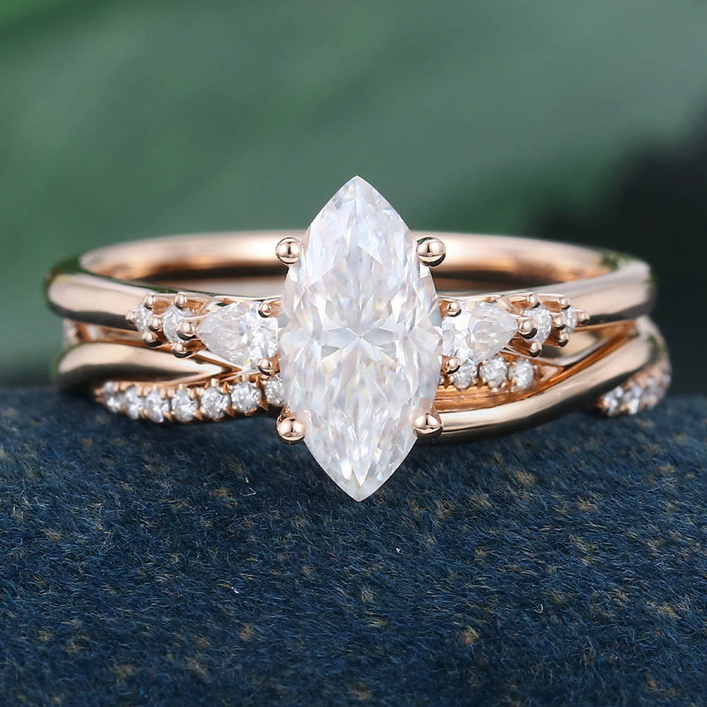 Rose Gold Marquise Cut Moissanite Unique  Bridal Ring Set