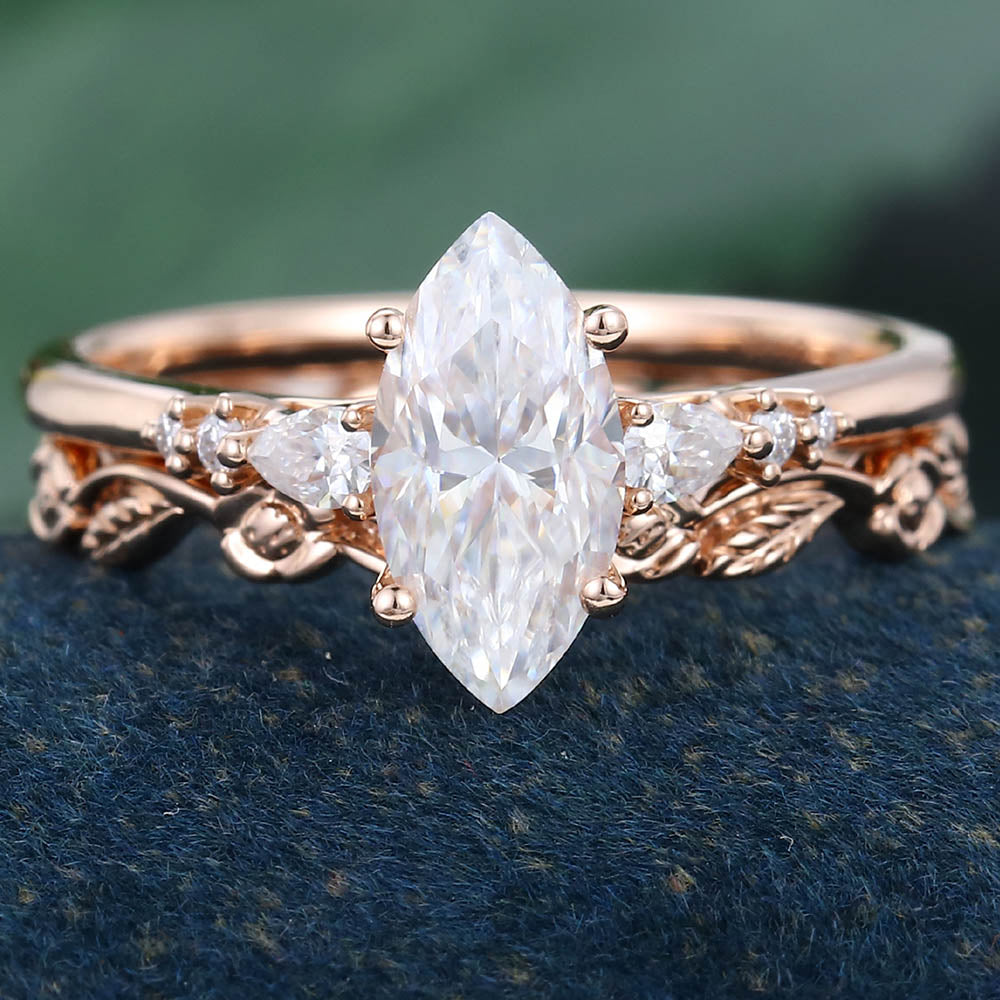 Rose Gold Marquise Cut Moissanite Unique Engagement Ring Set