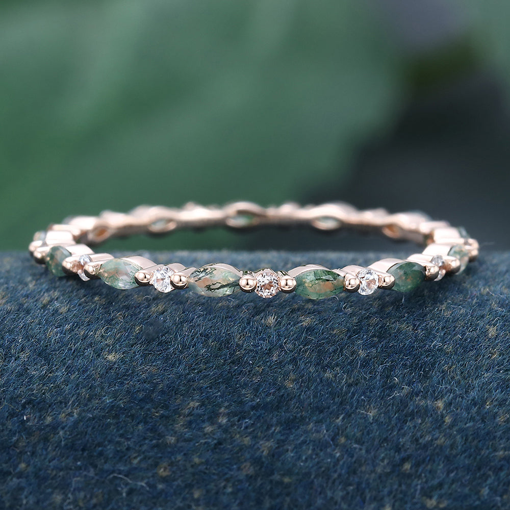 Rose Gold Marquise Cut Moss Agate Eternity Wedding Band