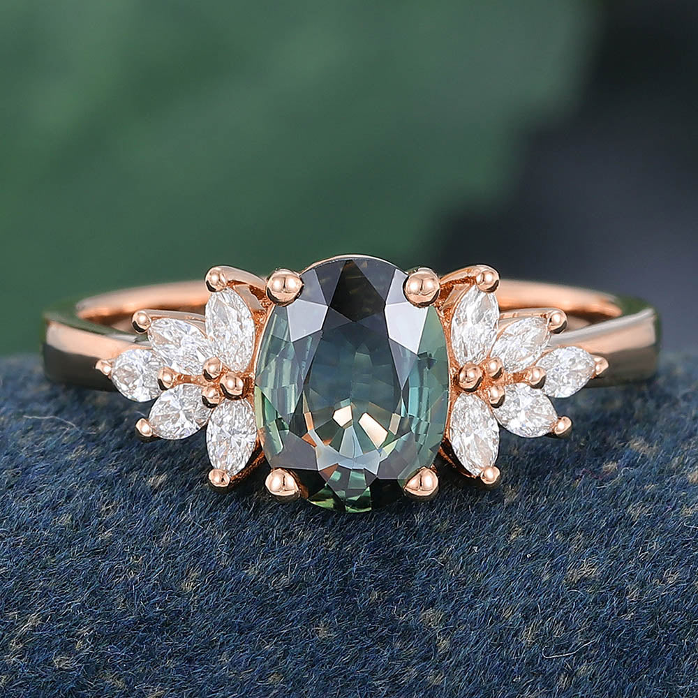 Rose Gold Oval Cut Green Blue Sapphire Culster Engagement Ring