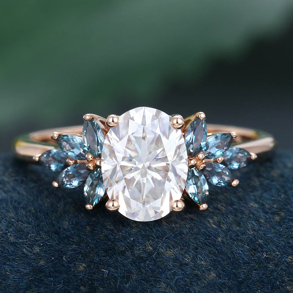 Rose Gold Oval Cut Moissanite with Lab Alexandrite Cluster Delicate Engagement Ring