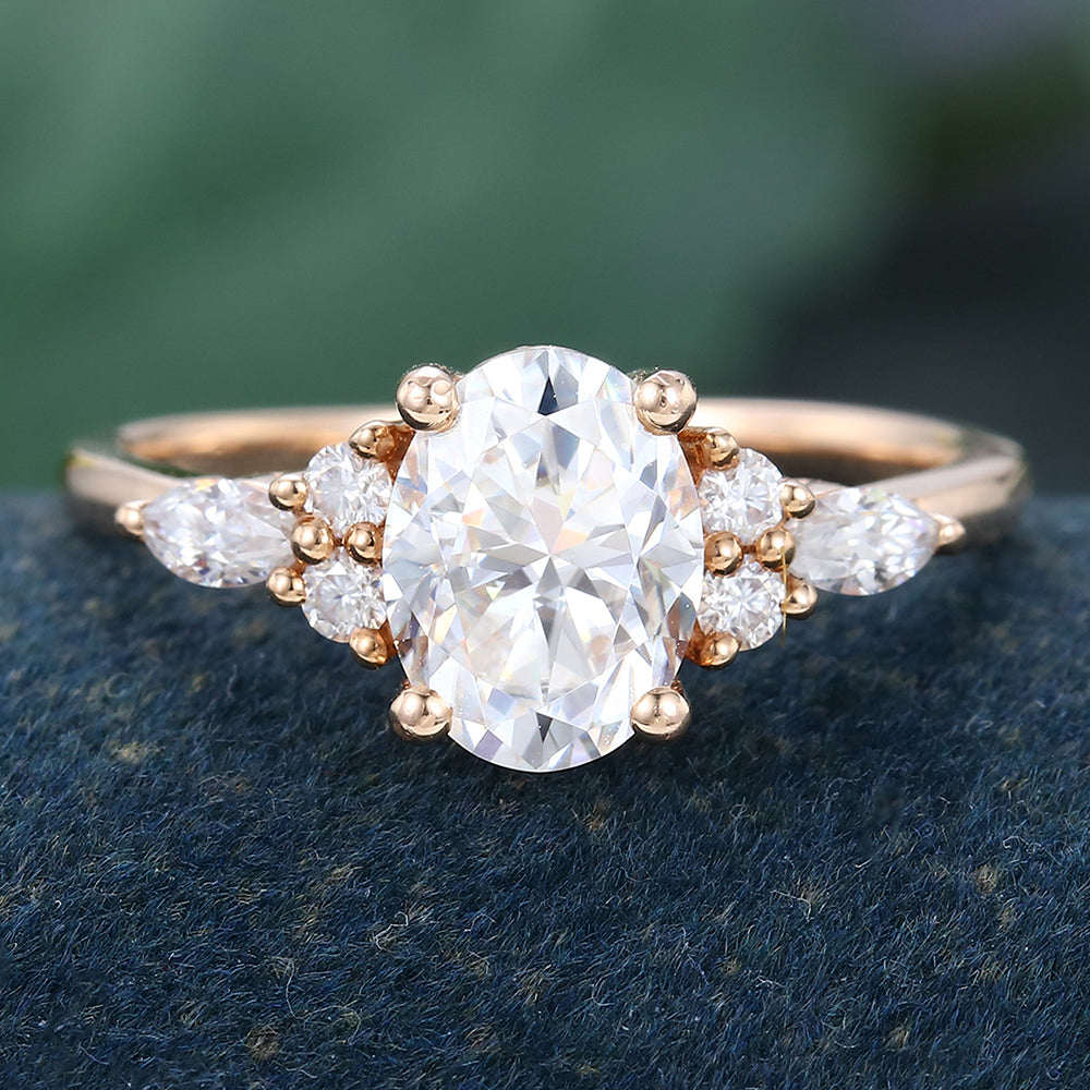 Rose Gold Oval Cut Moissanite Cluster Engagement Ring
