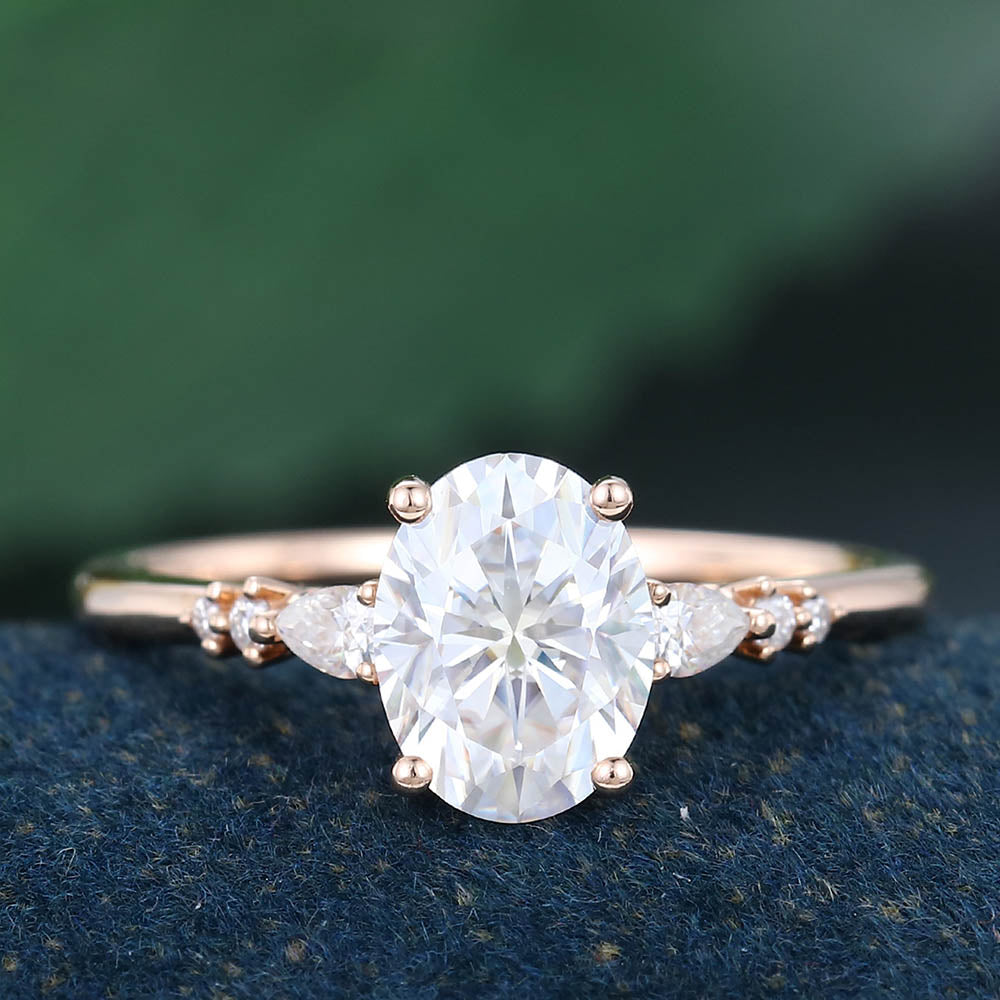 Rose Gold Oval Cut Moissanite Cluster Delicate Engagement Ring