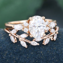 Rose Gold Oval Cut Moissanite Leaf Shape Bridal Ring Set