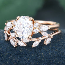 Rose Gold Oval Cut Moissanite Leaf Shape Bridal Ring Set