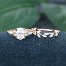 Rose Gold Oval Cut Moissanite Leaf Shape Bridal Ring Set
