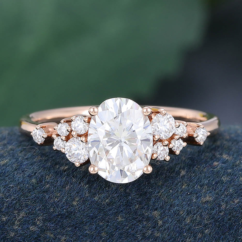 Rose Gold Oval Cut Moissanite Cluster Promise Engagement Ring