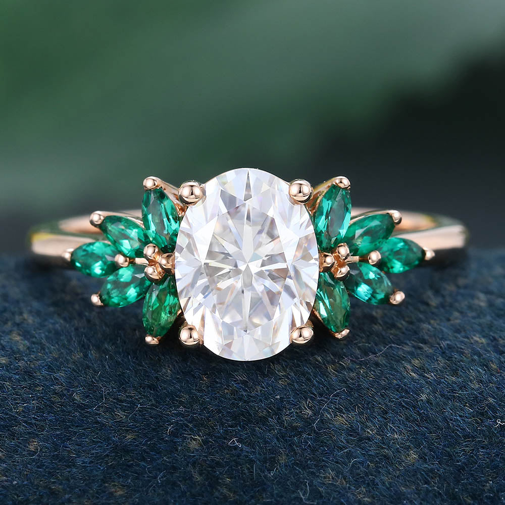 Rose Gold Oval Cut Moissanite with Lab Emerald Cluster Delicate Engagement Ring
