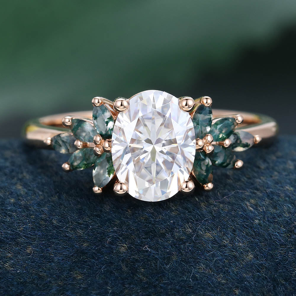 Rose Gold Oval Cut Moissanite with Moss Agate Cluster Delicate Engagement Ring