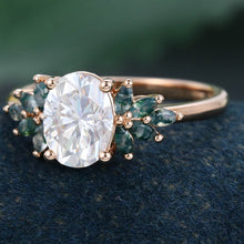 Rose Gold Oval Cut Moissanite with Moss Agate Cluster Delicate Engagement Ring