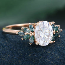 Rose Gold Oval Cut Moissanite with Moss Agate Cluster Delicate Engagement Ring